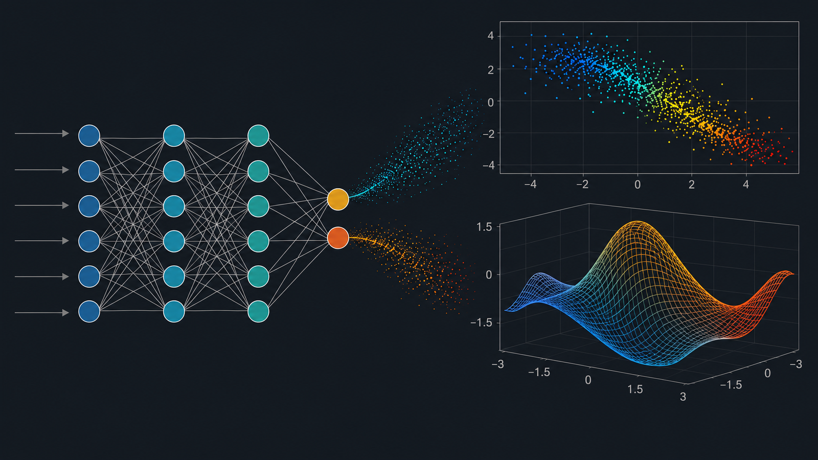 Neural network connected to scientific data plots